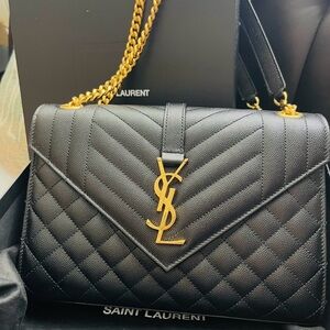 Saint Laurent Black Quilted Leather Shoulder Bag with Gold YSL Logo